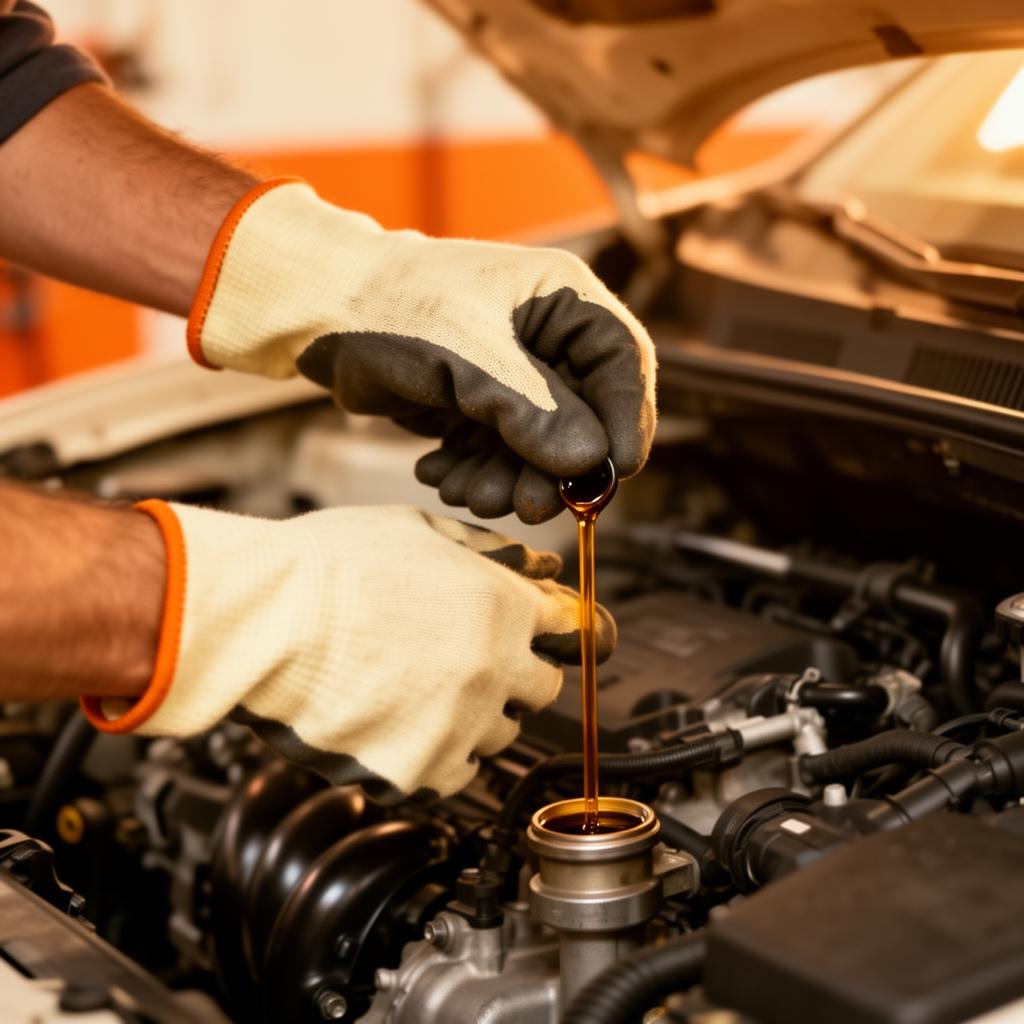 Mechanic carefully checking engine oil